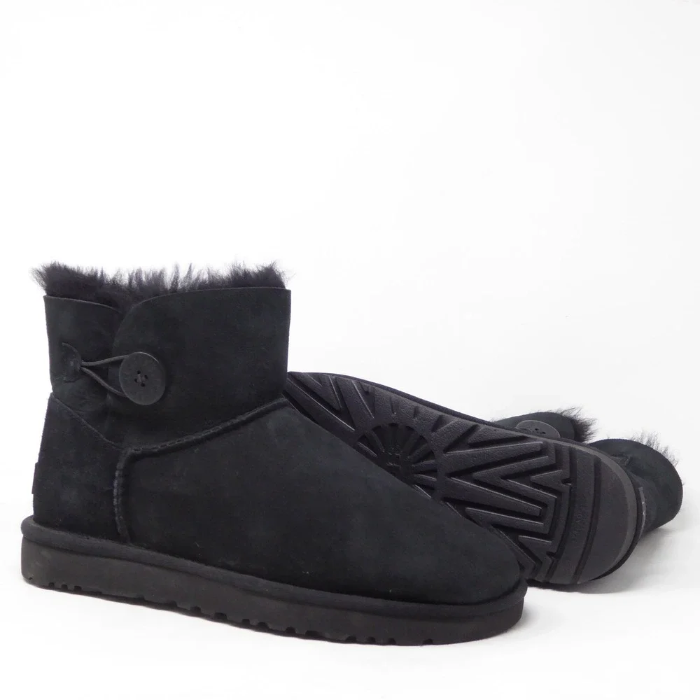 NEW UGG Women Boots Black Mini Bailey Button II Suede Sheepskin 10